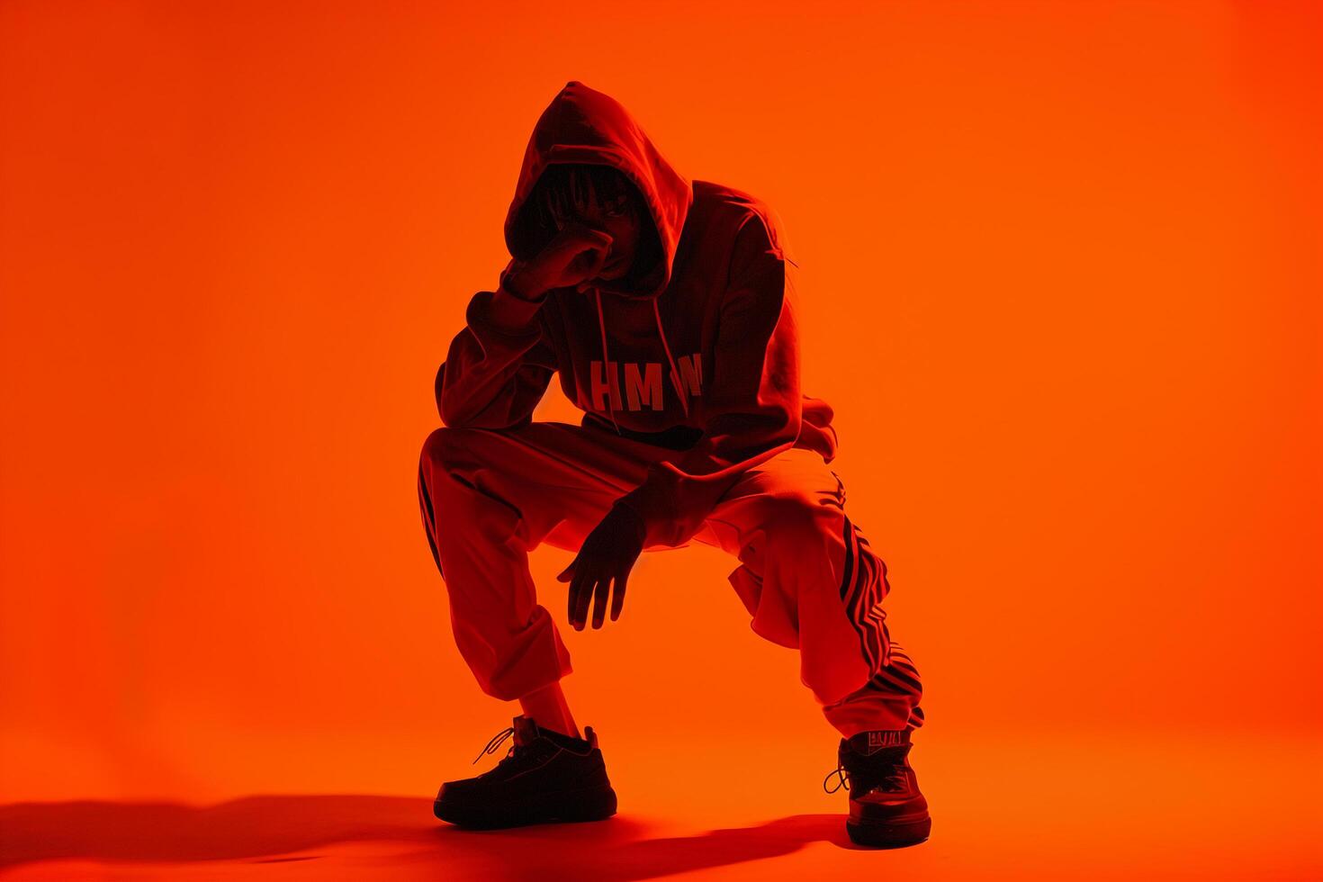 Male model in a hoodie with a neon orange background featuring a vibrant lifestyle and stylish fashion portrait in casual Male s wear photo