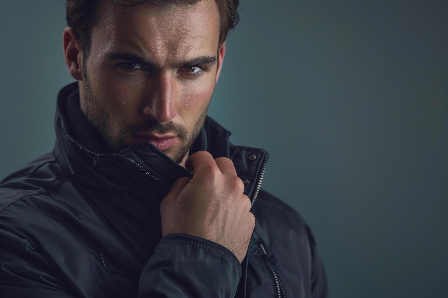 Trendy male fashion model in a zip up jacket with a steel gray background showcasing a sophisticated lifestyle and fashion portrait photo