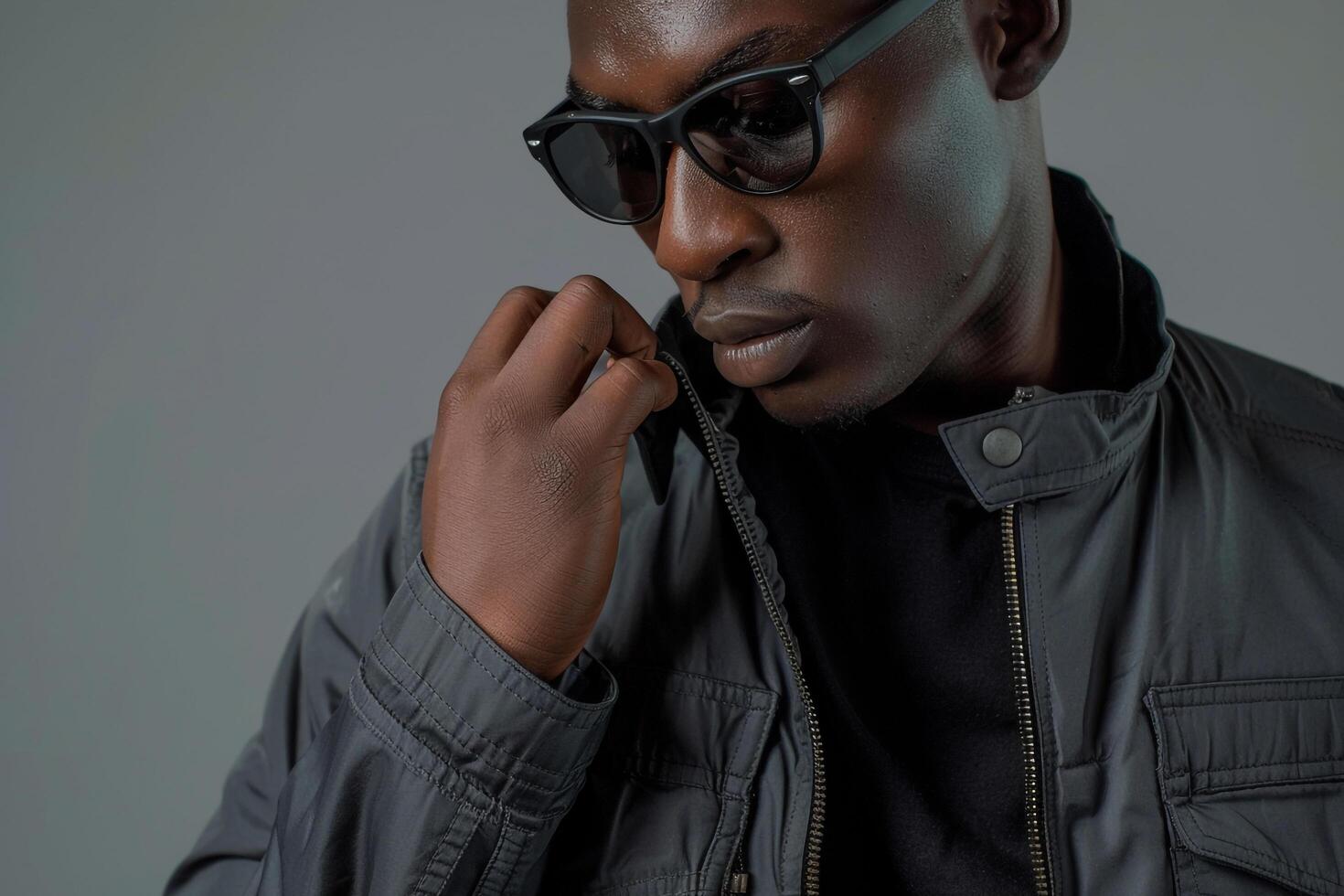 Handsome male model in a zip up jacket with a steel gray background highlighting a contemporary lifestyle and fashion portrait photo