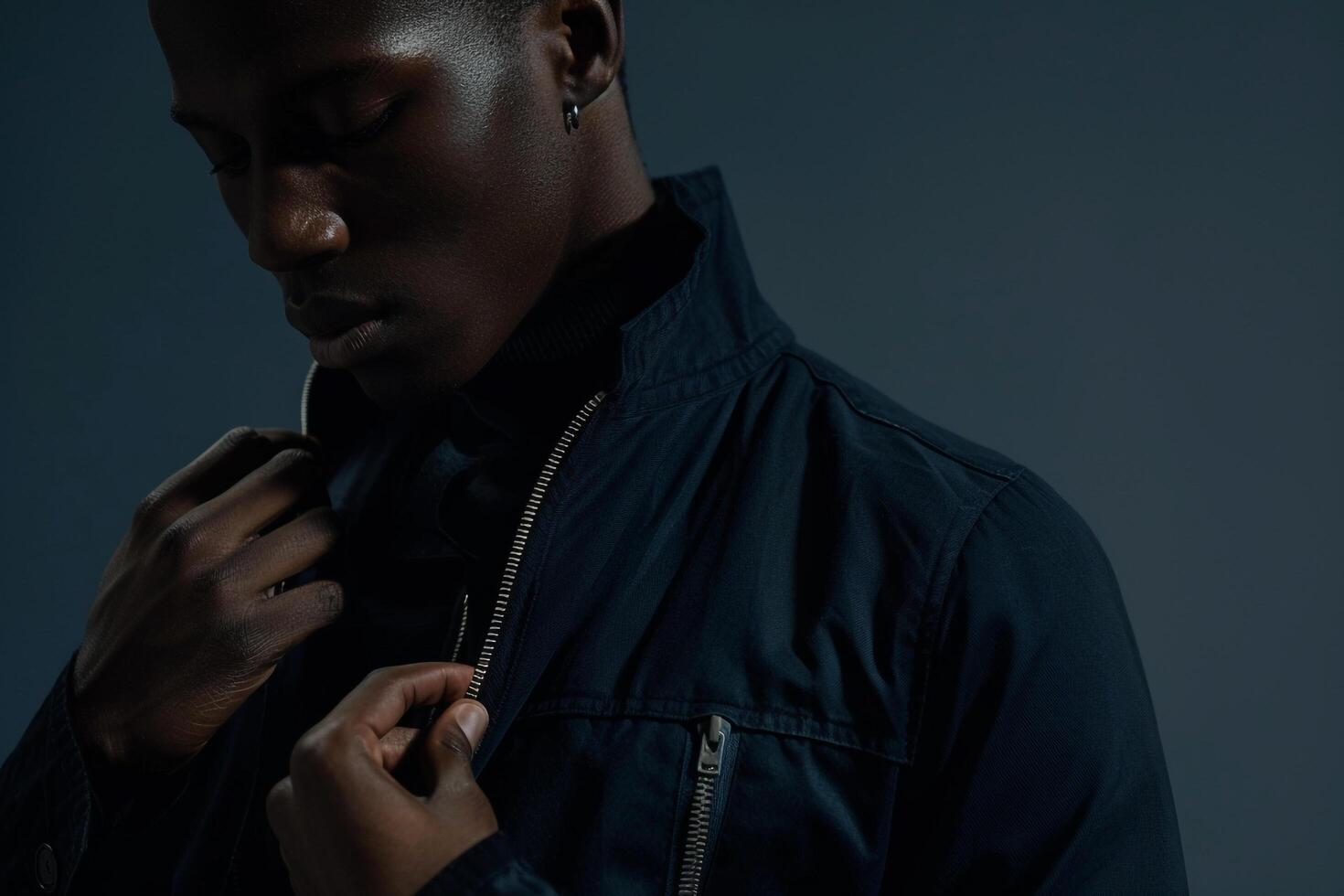 Handsome male model in a zip up jacket with a Maleswear background showcasing a fashionable and lifestyle oriented portrait photo