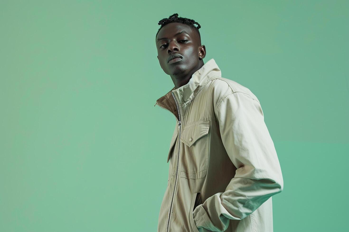 Handsome male model in a zip up jacket with a pastel green background showcasing a modern lifestyle and stylish fashion portrait photo