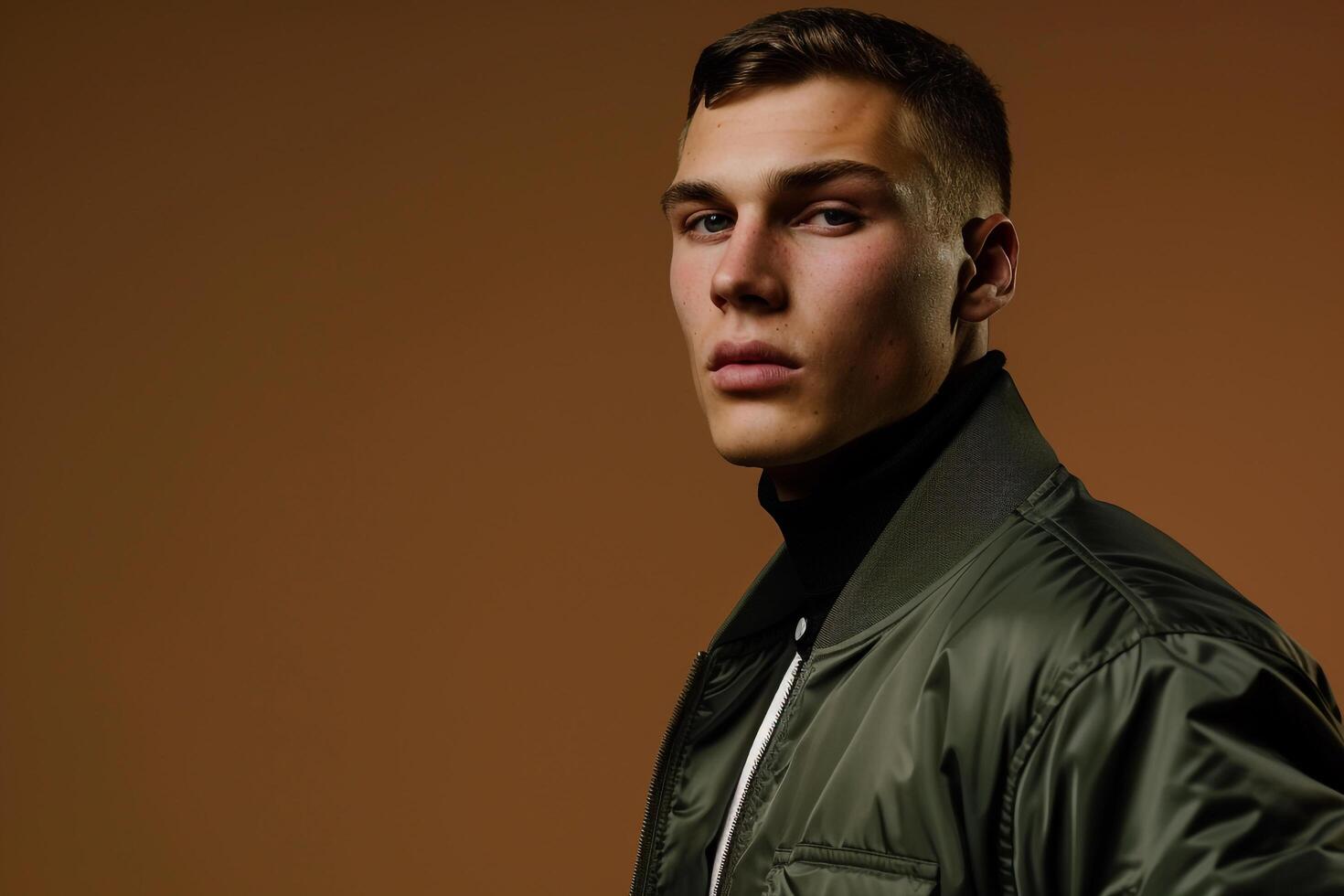 Fashionable male model in a zip up jacket with a costume brown background emphasizing a stylish lifestyle and fashion portrait photo