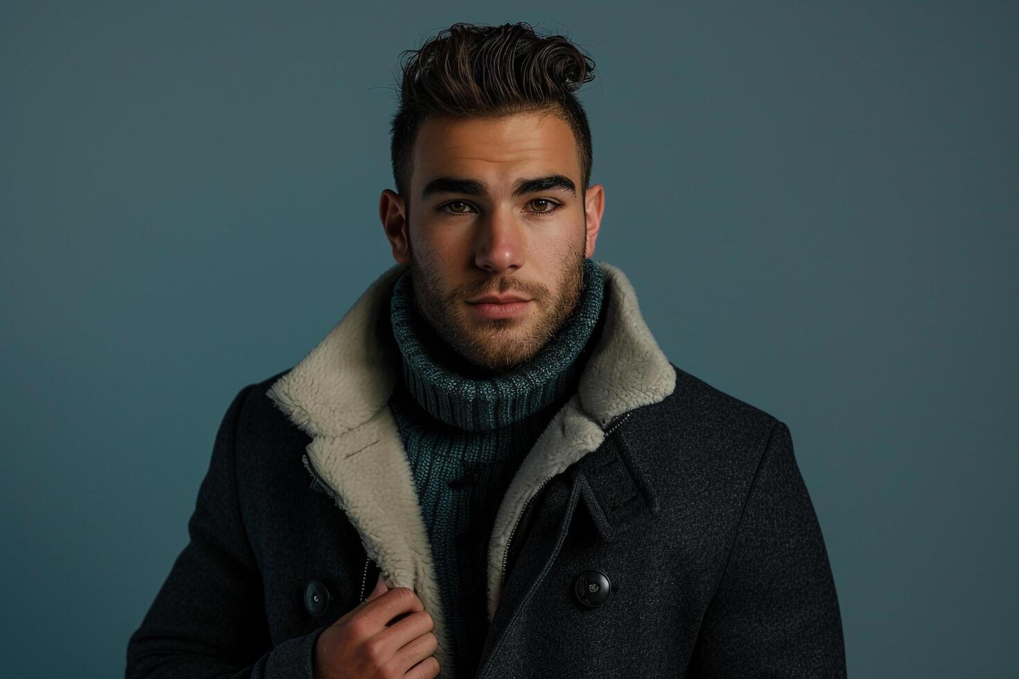 Fashionable male model in a zip up jacket with a gray blue background focusing on a contemporary lifestyle and stylish fashion portrait photo