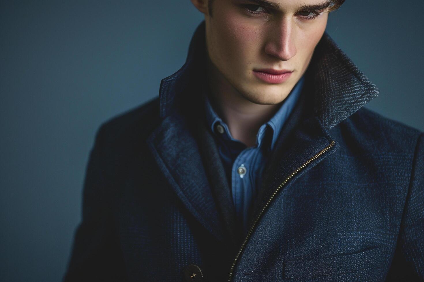 Stylish male model in a zip up jacket with a gray blue background highlighting a contemporary lifestyle and fashion portrait photo