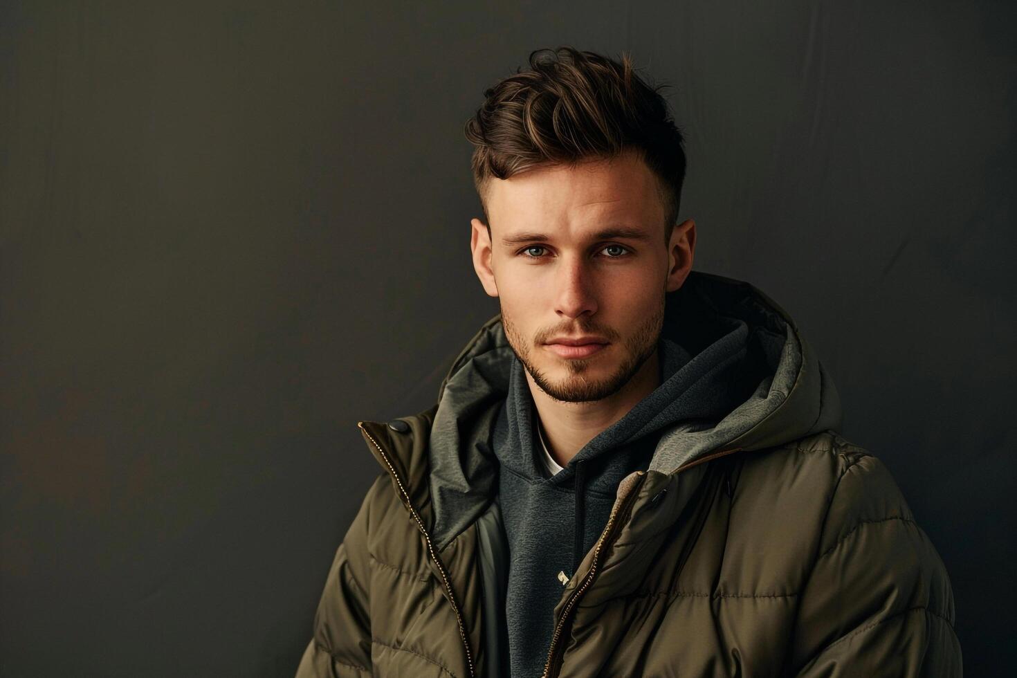 Chic male fashion model in a zip up jacket with a slate gray background focusing on contemporary lifestyle and stylish portrait photo