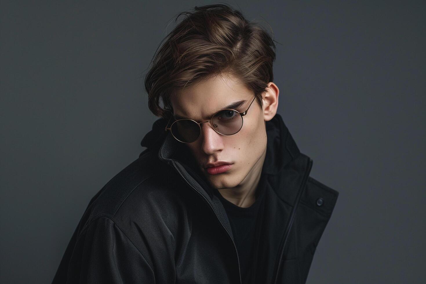 Handsome male model in a charcoal clothwear jacket with glasses set against a costume gray background showcasing fashion and lifestyle portrait photo