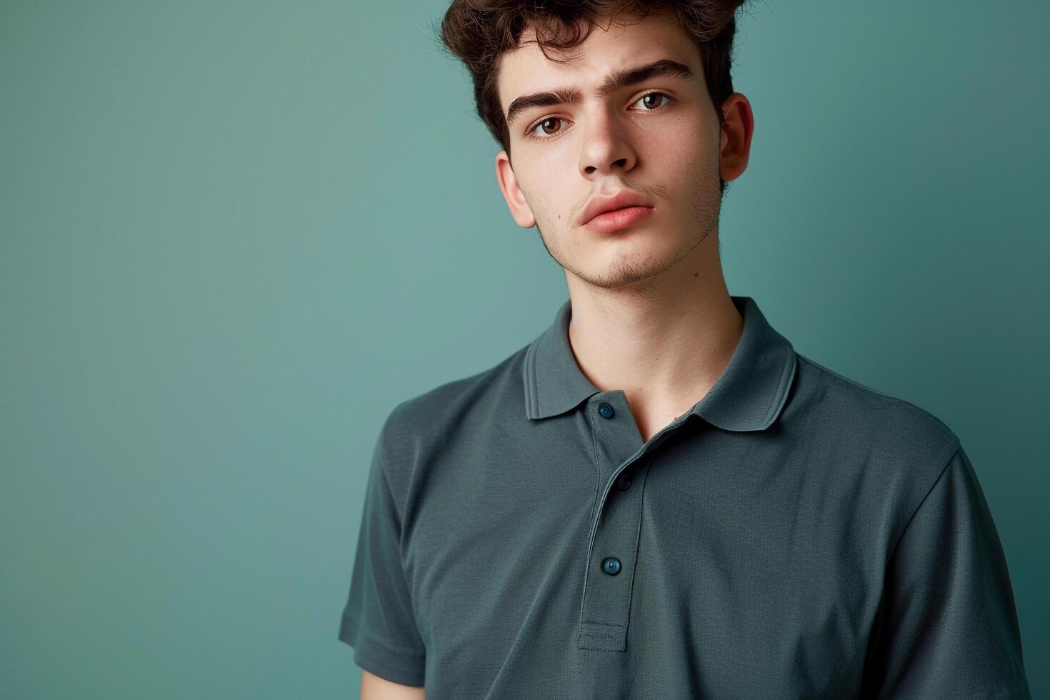 Stylish male model in a streetwear polo shirt with a light sage background emphasizing fashionable lifestyle and contemporary portrait photo