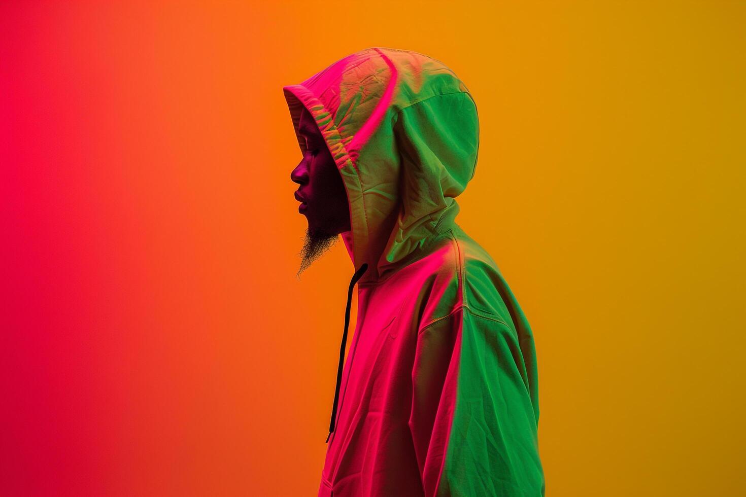 Chic male model in a hoodie with an electric green background highlighting modern fashion and vibrant lifestyle portrait photo