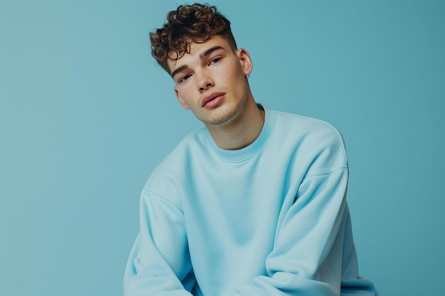 Trendy male fashion model in a structured sweatshirt with a pastel blue background focusing on stylish fashion and modern lifestyle portrait photo