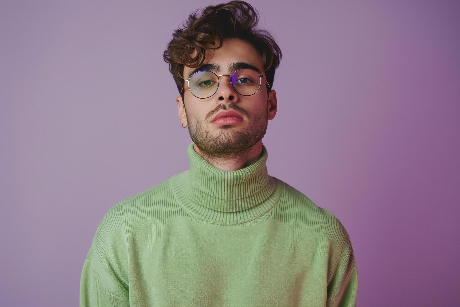 Fashionable male model in a green pullover with eyewear against a soft lilac background focusing on relaxed fashion and modern lifestyle portrait photo