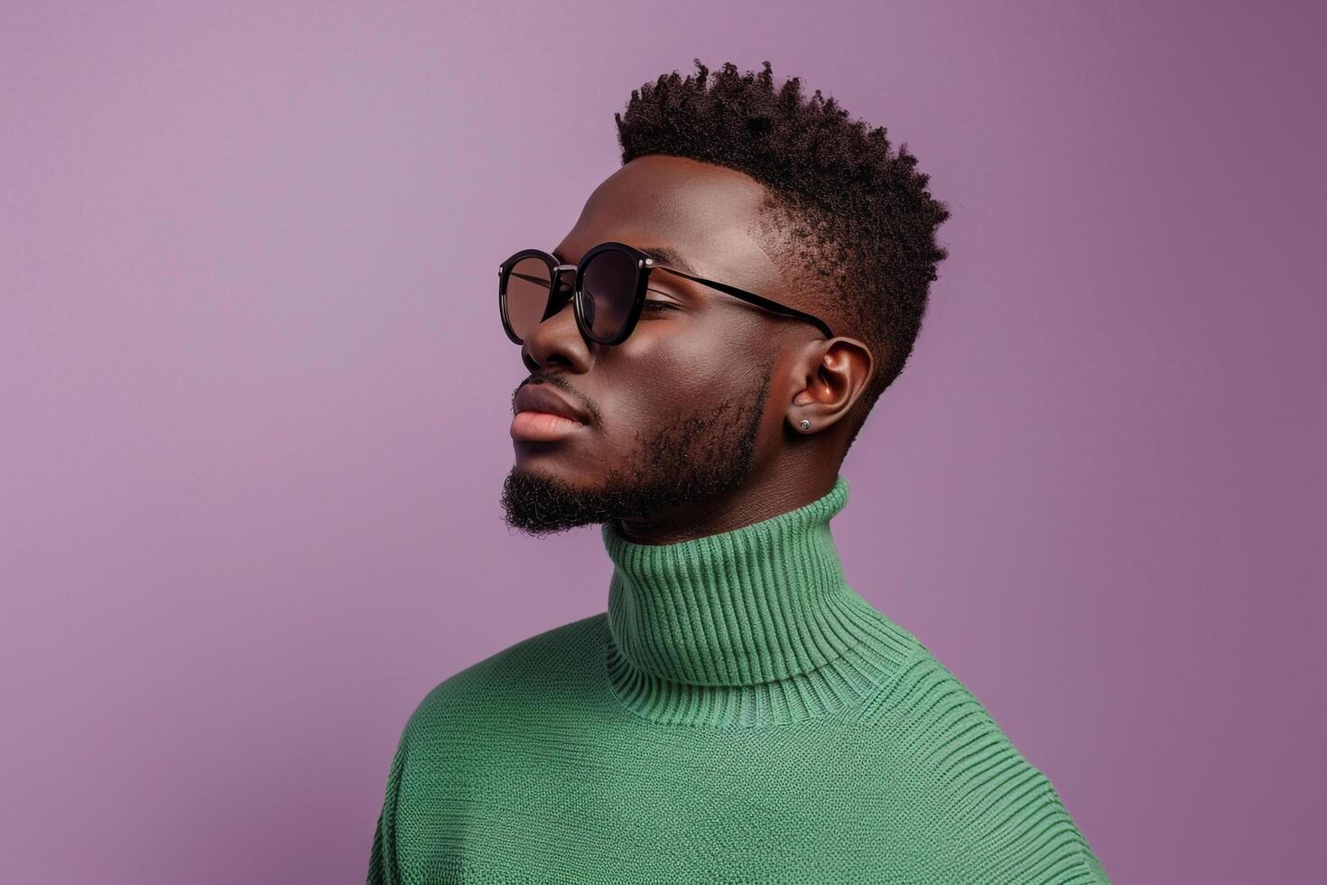 green pullover with eyewear set against asoft lilac male background male dress portrait reflectingfashion and casual lifestyle Males photo
