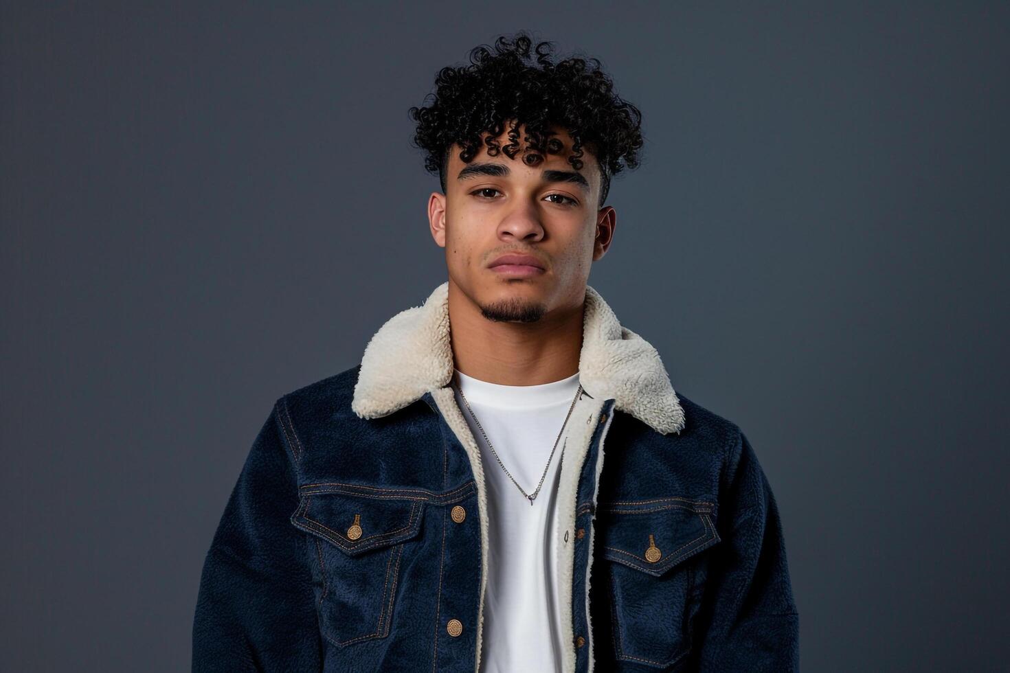 streetwear fleece jacket set against anavy blue male background male dress portrait highlighting casual fashion and youthful lifestyle Males photo
