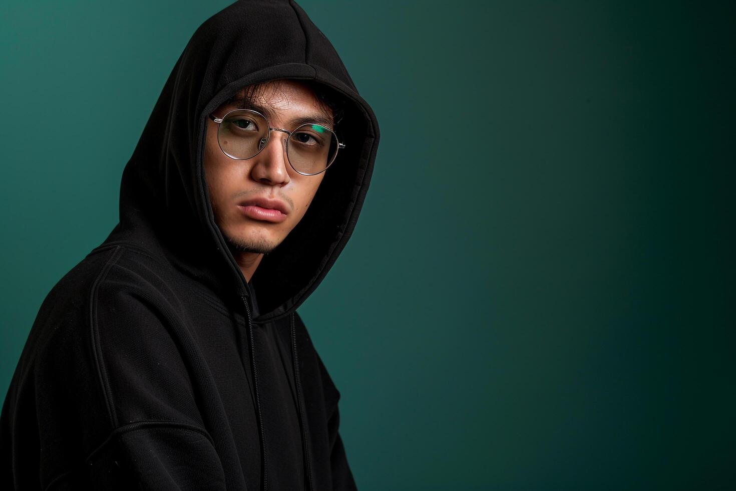 Black Hoodie and costume lens Glasses male dress withDark Green male background lifestyle Males portrait Fashion Contemporary male dress cloth photo