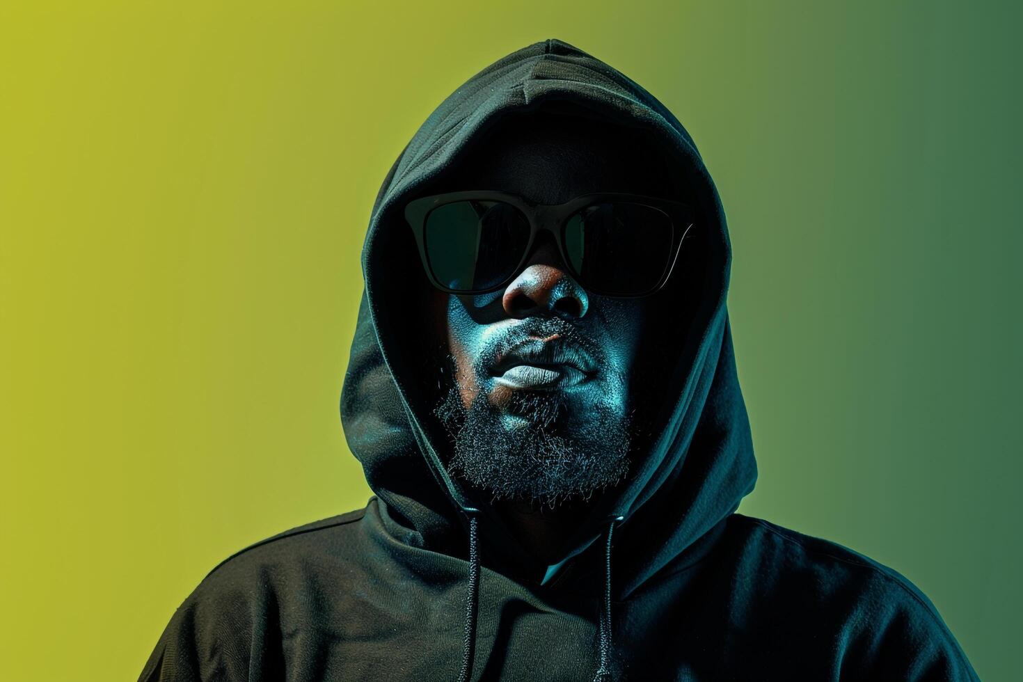 Black Hoodie and Dramatic eyewear male dress withNeon Green male background lifestyle Males portrait Fashion photo