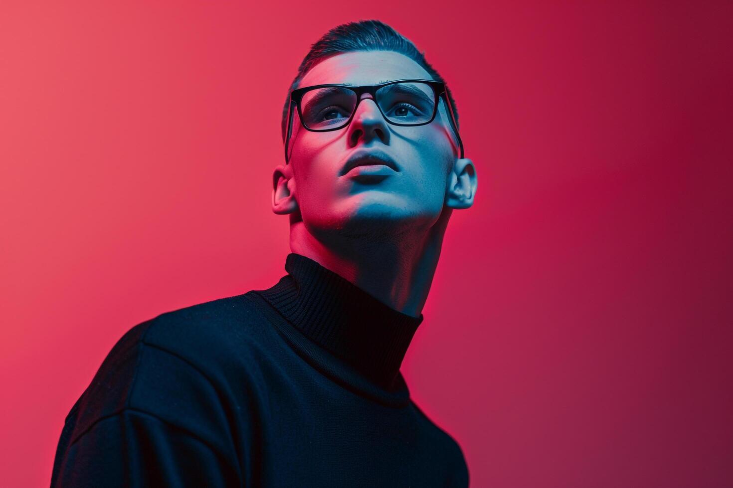 Black Crewneck and Dramatic Glasses male dress withNeon pink male background lifestyle Males portrait Fashion photo