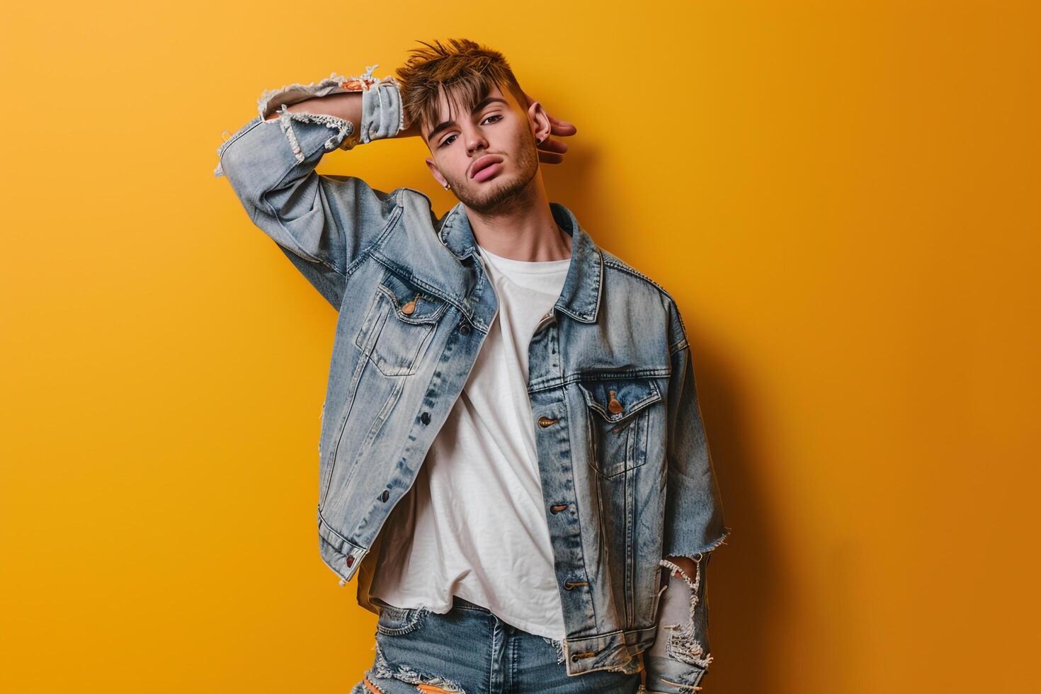 Ripped Denim Jacket male dress withBright Yellow male background lifestyle Males portrait Fashion photo