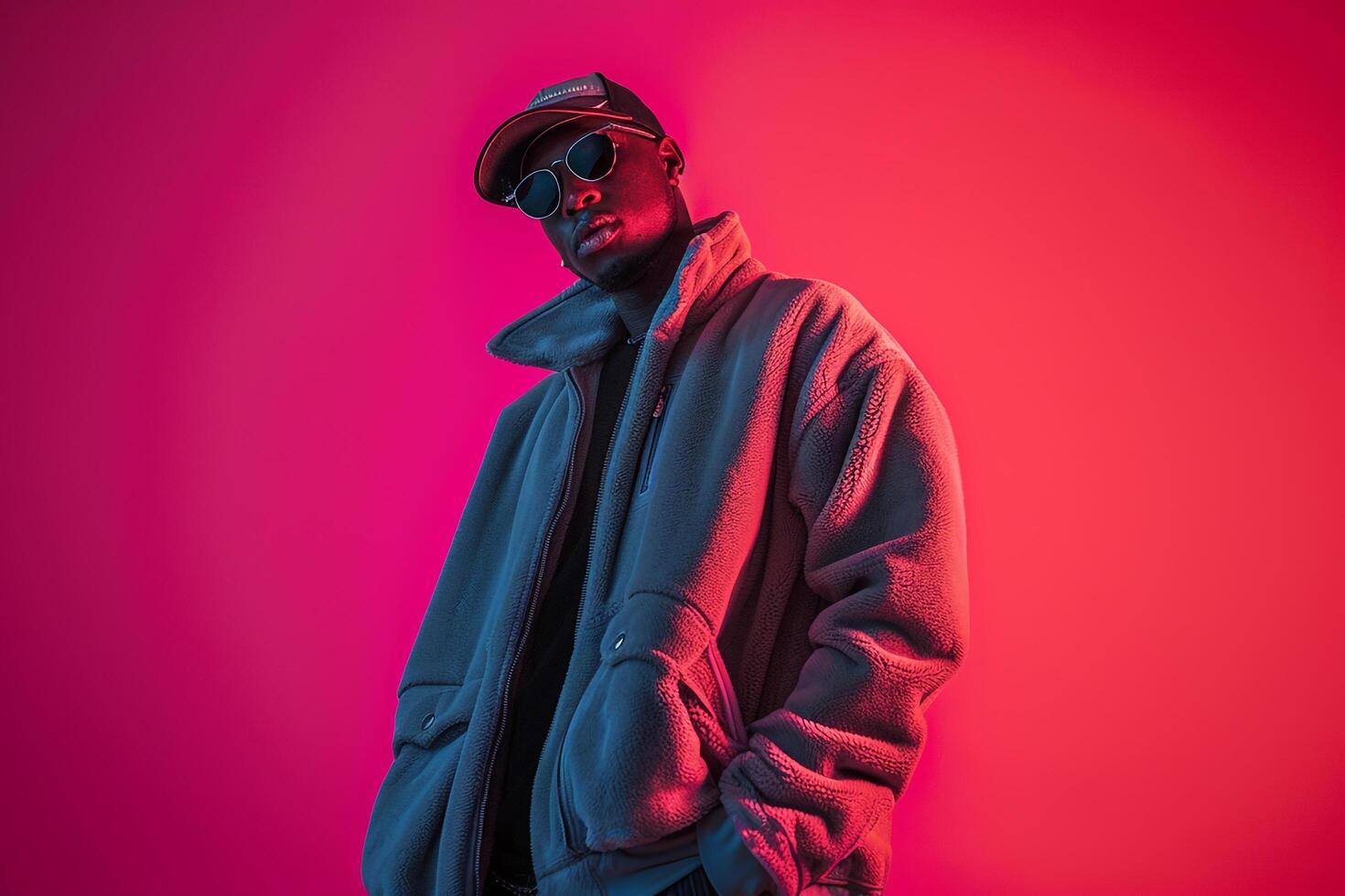 Streetwear Fleece Jacket male dress withNeon pink male background lifestyle Males portrait Fashion photo