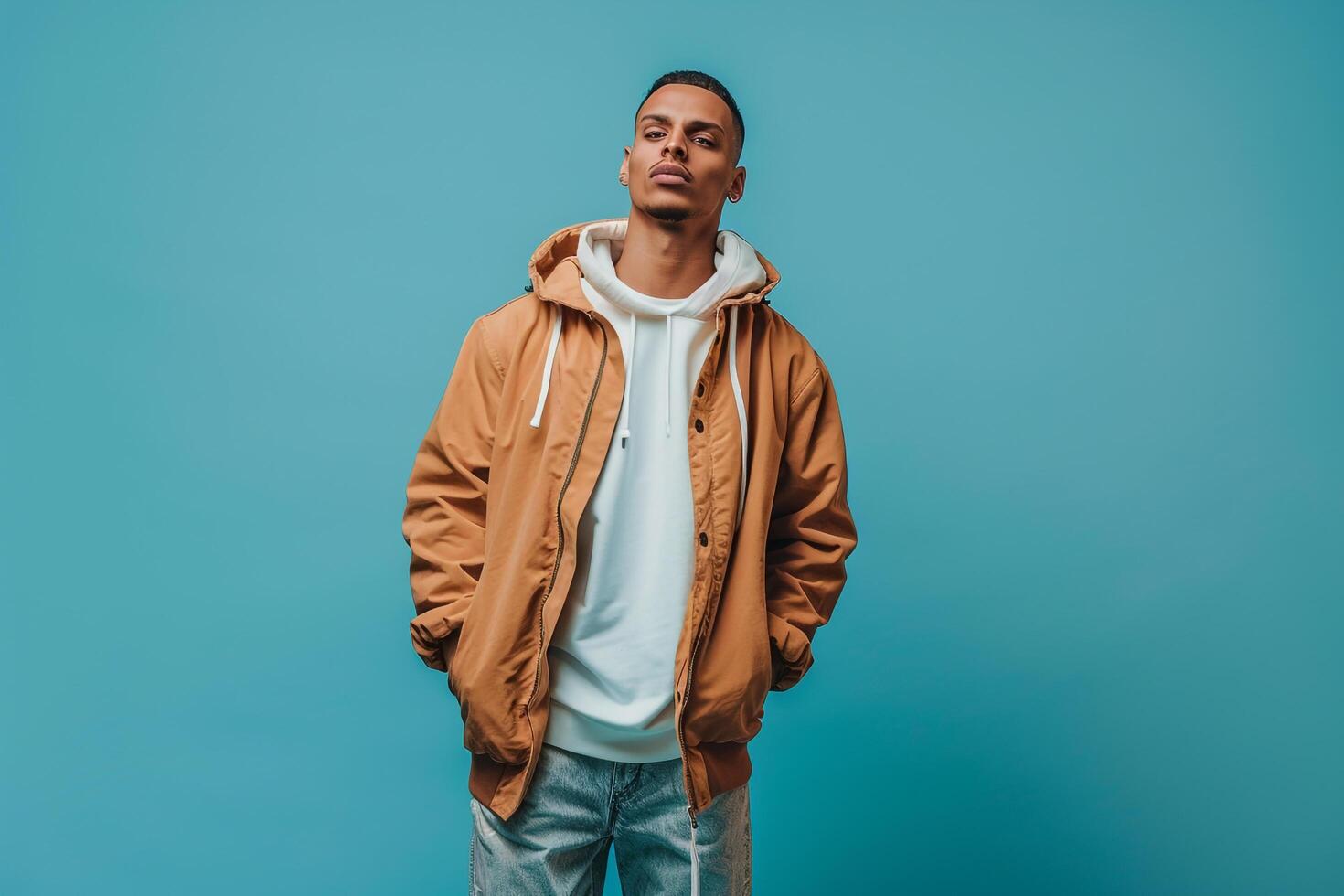 costume Beige ZipUp Jacket male dress withTurquoise male background lifestyle Males portrait Fashion photo