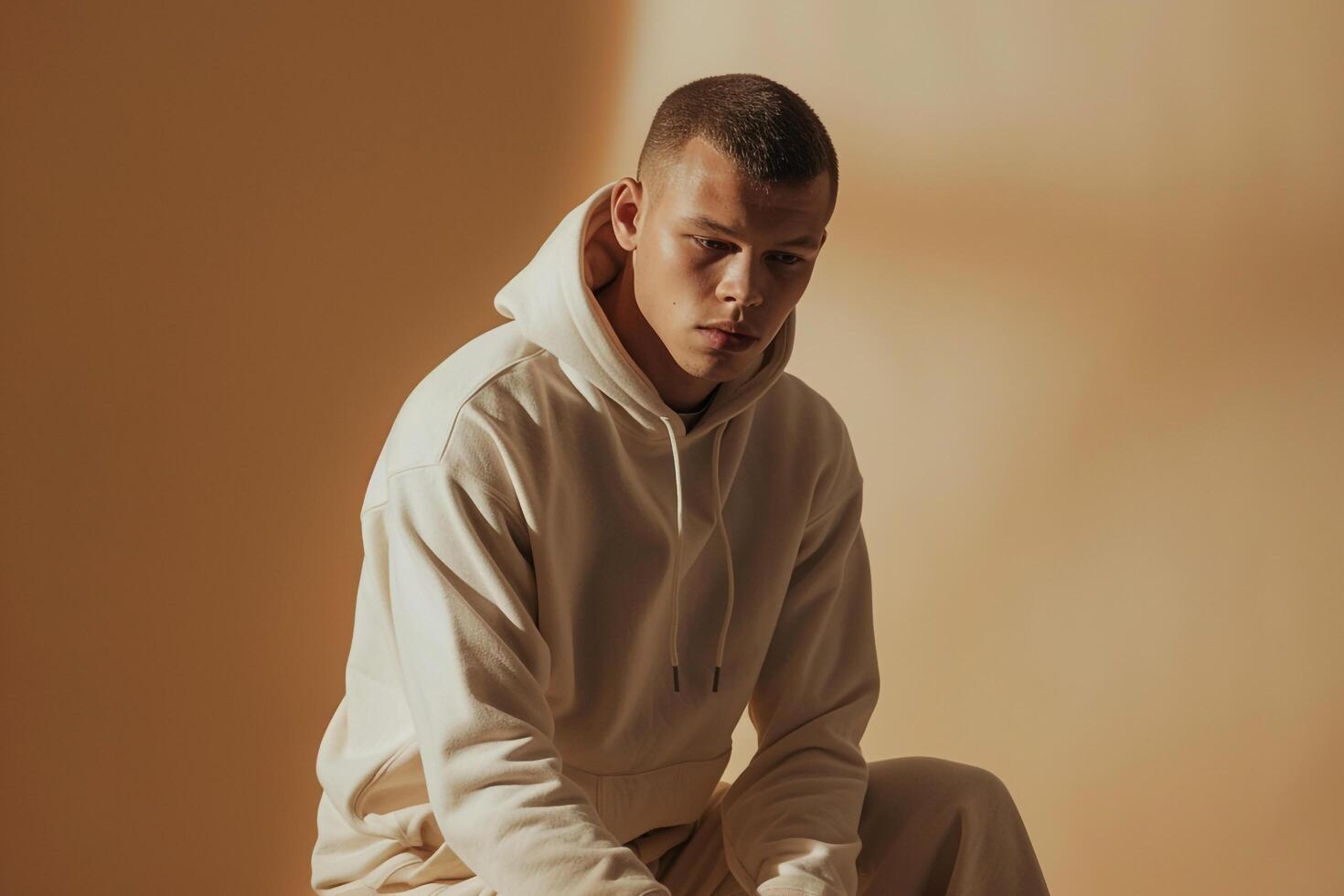 Soft Hoodie male dress withMedium Beige lifestyle Males portrait Fashion male background photo