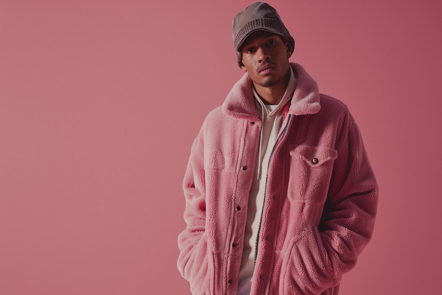 Streetwear Fleece Jacket Clad Male with Dusty Rose Background emphasizing Lifestyle and Males Fashion portrait Features photo