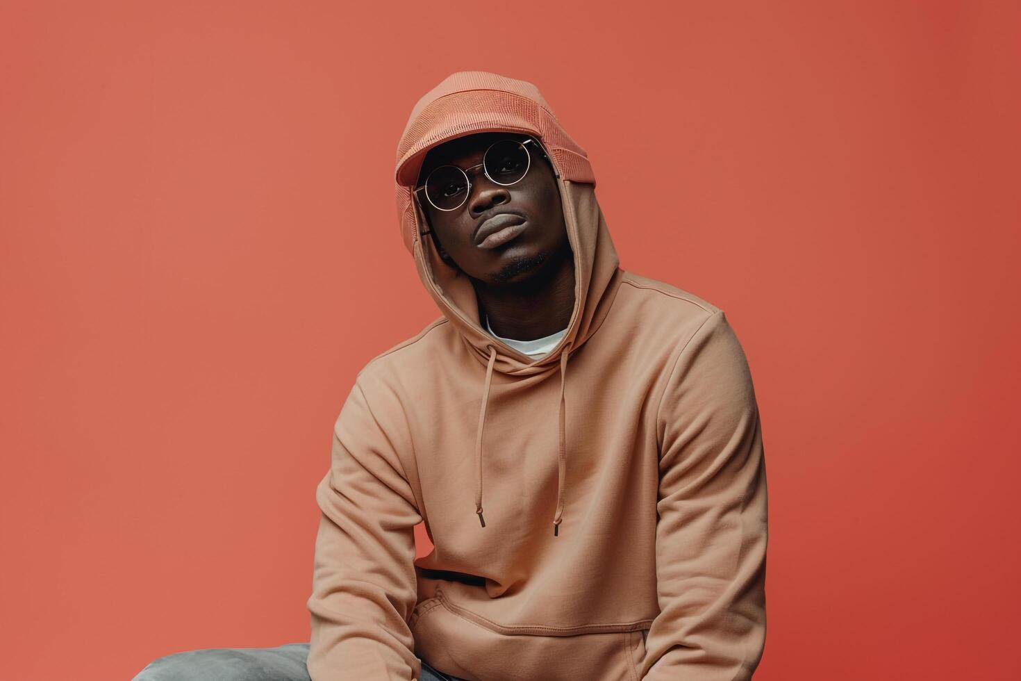 Light Brown Hoodie and Simple eyewear Clad Male with Costume Coral Background Highlighting Lifestyle and Males Fashion portrait Features photo