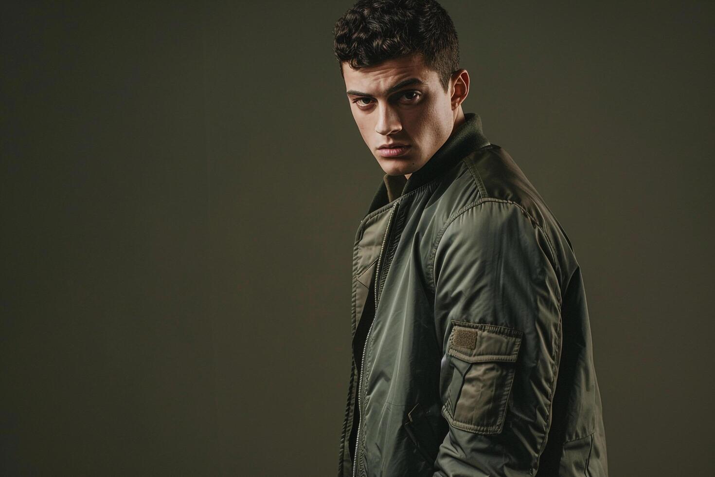 Lightweight Bomber Jacket Clad Male with Olive Drab Background Capturing Lifestyle and Males Fashion portrait eleMalets photo