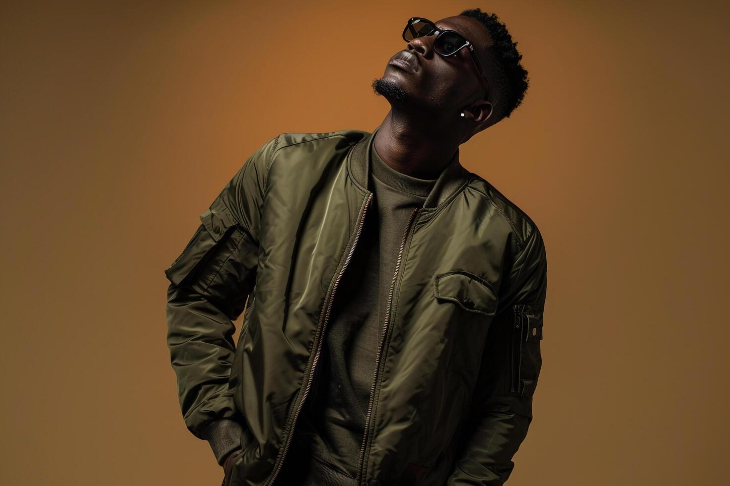 Lightweight Bomber Jacket Clad Male with Olive Drab Background emphasizing Lifestyle and Males Fashion portrait Features photo