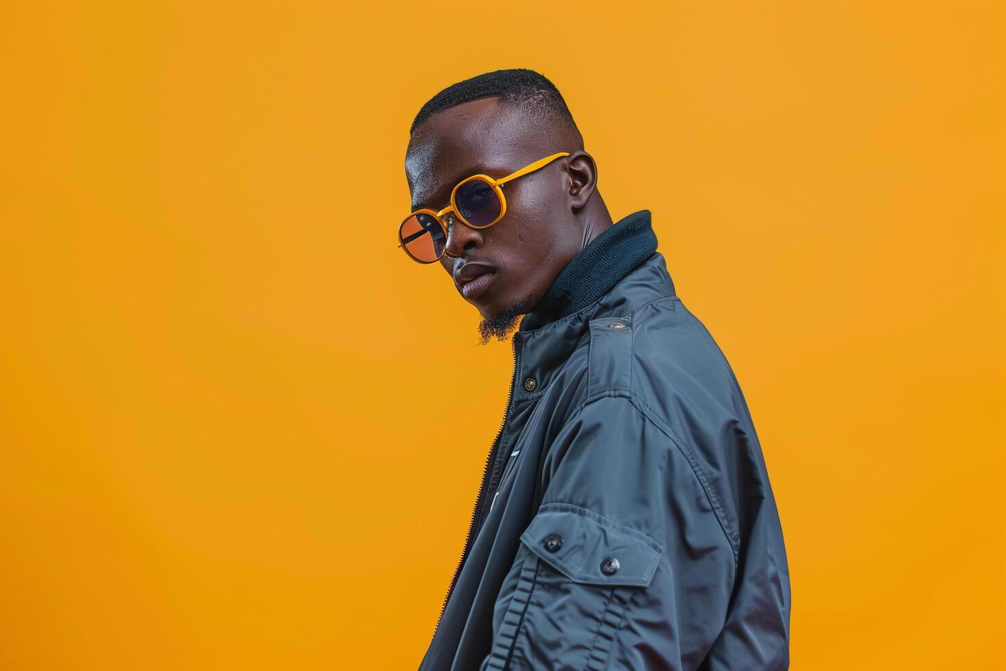 Maleswear Clothwear Jacket and Trendy Glasses Clad Male with Bright Yellow Background Showcasing Lifestyle and Males Fashion portrait Features photo