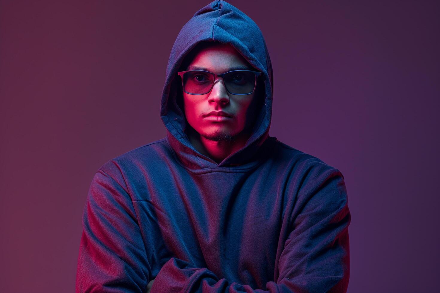 deep gray hoodie and trendy glasses male dress with apurple male background featuring lifestyle Males fashion and portrait eleMalets photo