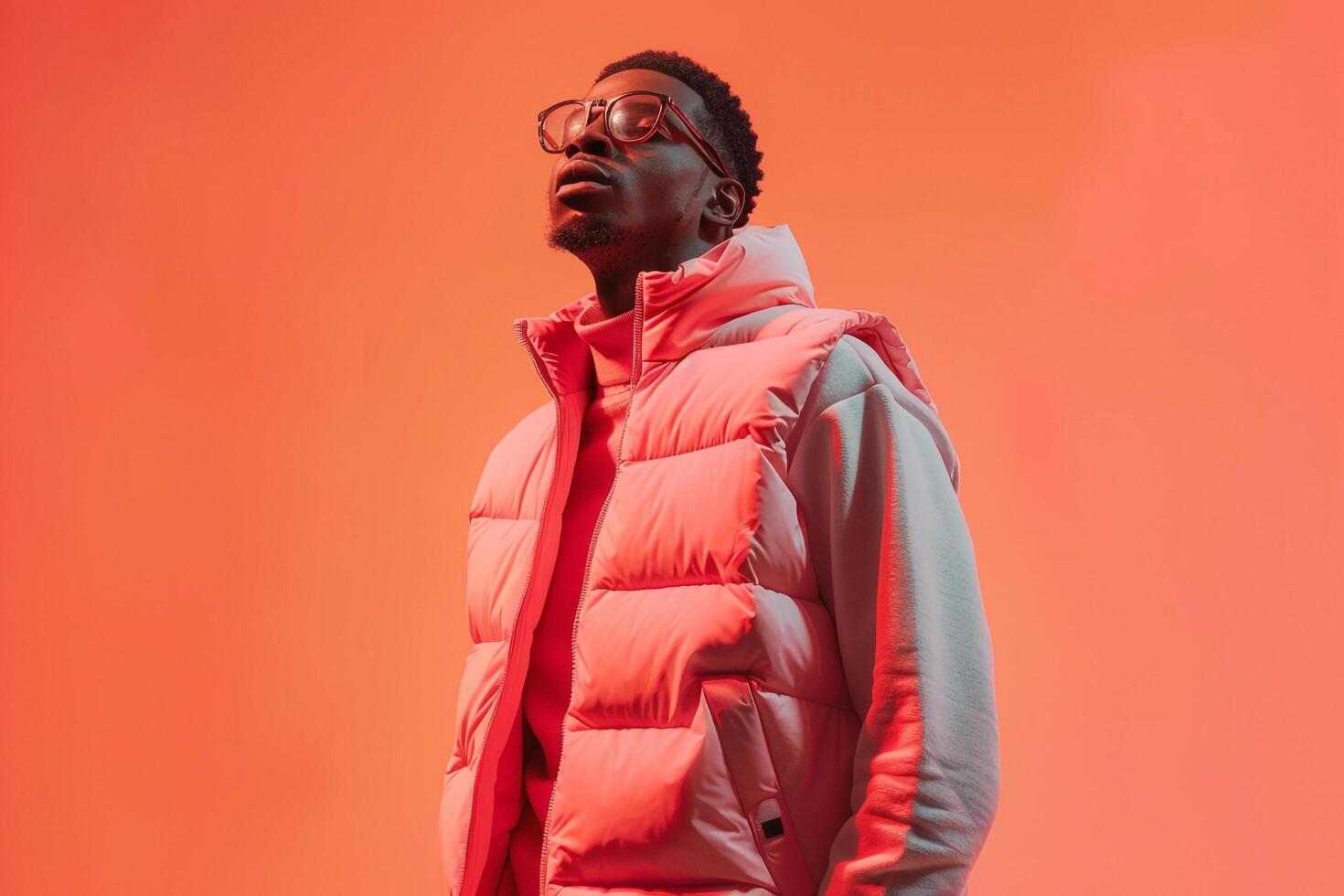puffer vestmale dress shot withbright coral Males backgroundfashion and lifestyle portrait emphasizing contemporary style photo