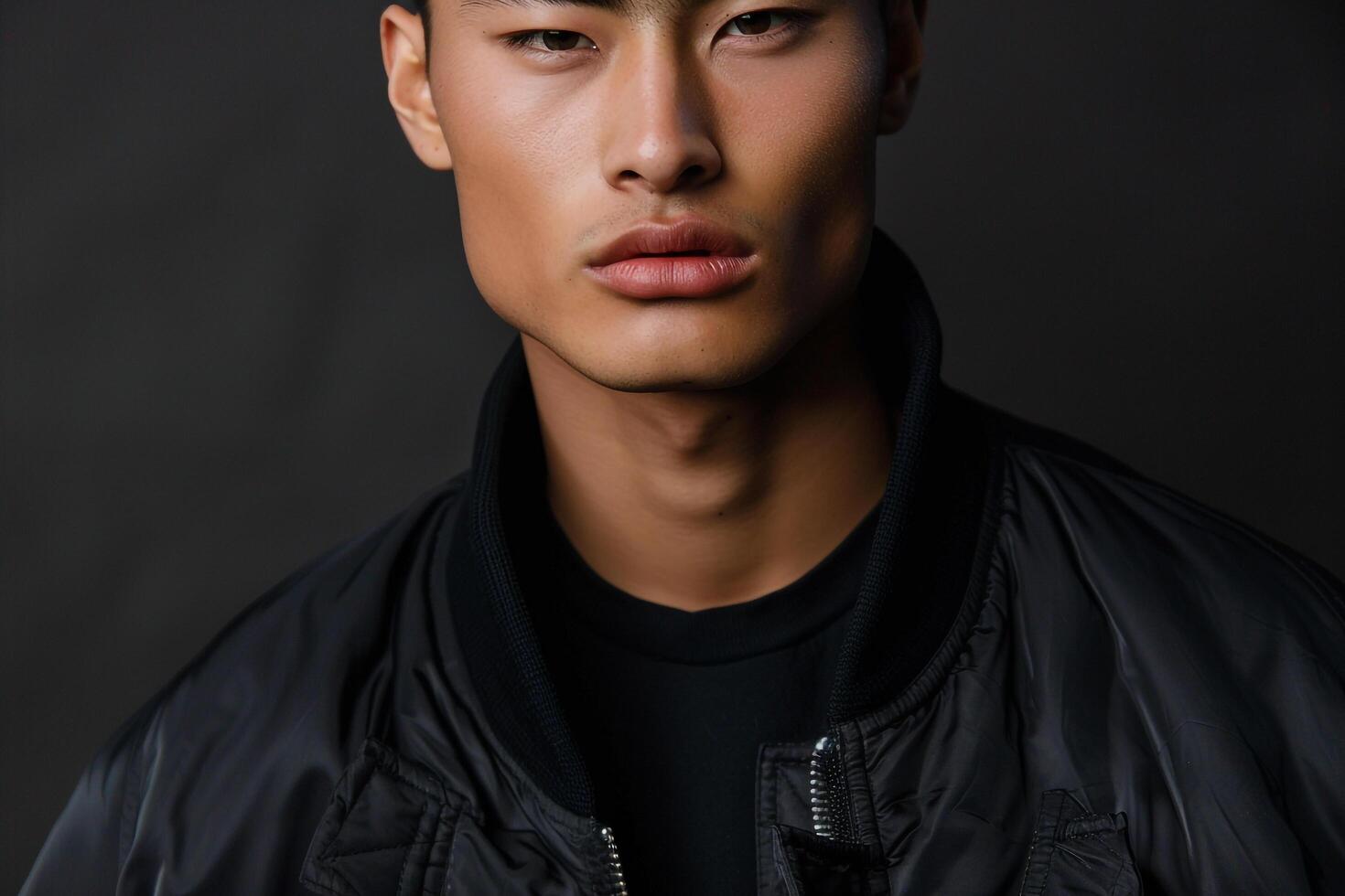 Stylish male fashion model in charcoal zip up jacketmale dress shot withcostume taupe Males background emphasizing contemporary fashion andlifestyle photo