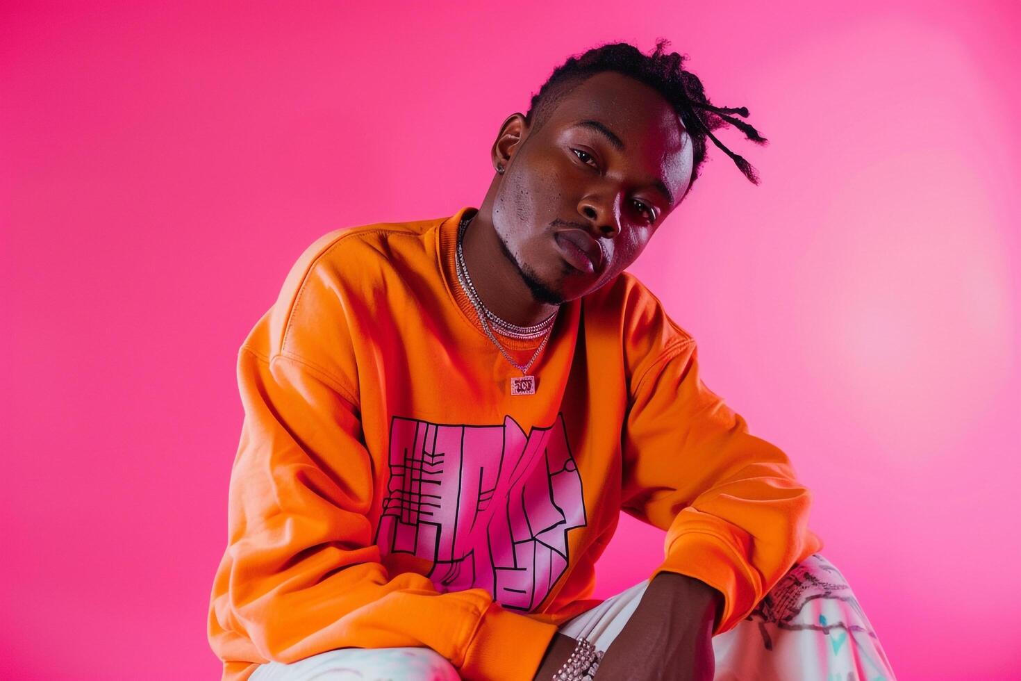 Stylish male fashion model in graphic sweatshirtmale dress shot withneon pink Males background emphasizingfashion and lifestyle trends photo