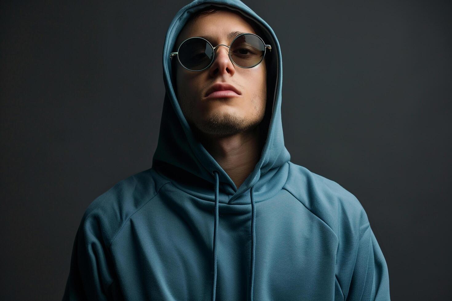 Fashionable male fashion model in a hoodie with trendy eyewearmale dress shot withcharcoal black Males backgroundhighlighting contemporary fashion and lifestyle portrait photo