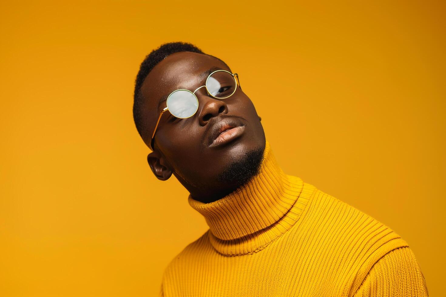 Fashionable male fashion model in apullover with round glassesmale dress shot against aMaleswear Males backgroundemphasizingfashion and lifestyle portrait photo