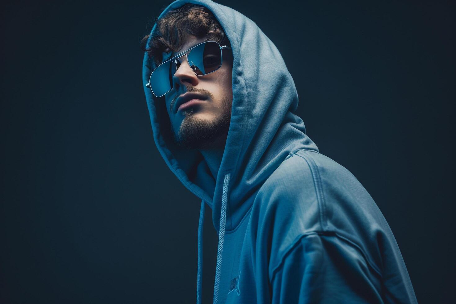 hoodie and trendy eyewearmale dress shot withcharcoal black Males backgroundshowcasingfashion and lifestyle portrait photo