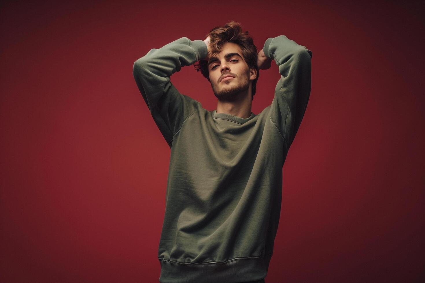 casual pullovermale dress shot withburgundy Males backgroundemphasizingfashion trends and lifestyle portrait in a stylish format photo