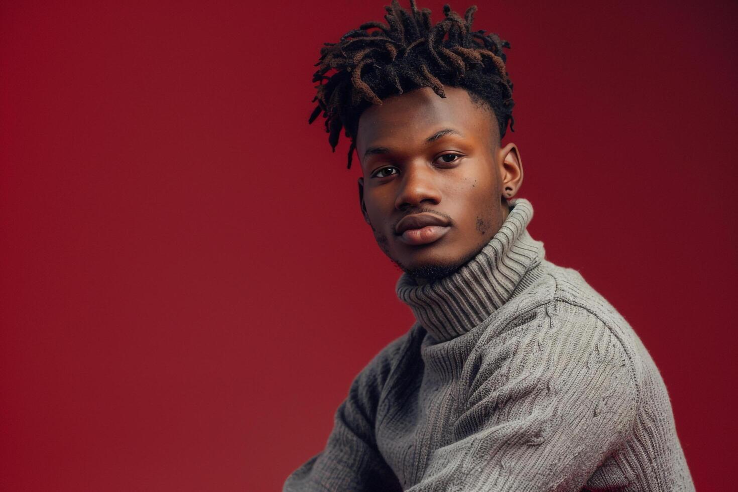 Stylish male fashion model in a casual pullovermale dress shot withburgundy Males backgroundshowcasing contemporary fashion and lifestyle portrait style photo