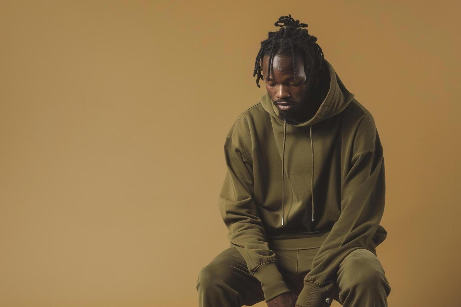 an olive green hoodiemale dress shot withcostume beige Males backgroundshowcasingfashion trends and lifestyle in a stylish portrait format photo