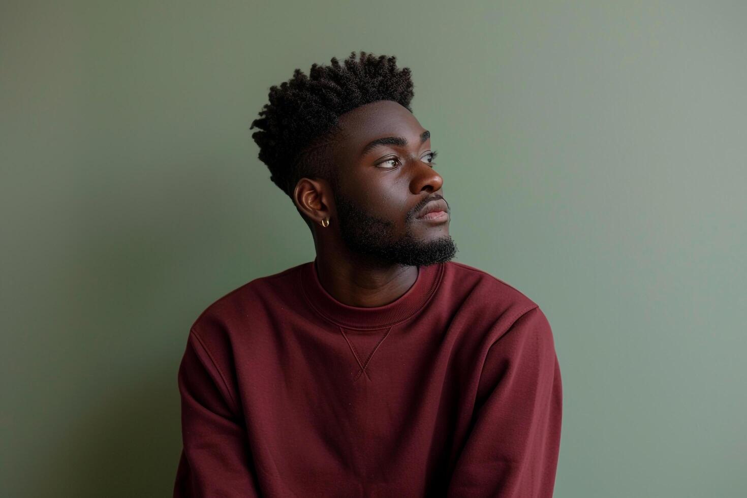 maroon sweatshirtmale dress shot withsage green Males backgroundemphasizing contemporary fashion and lifestyle in a trendy portrait format photo