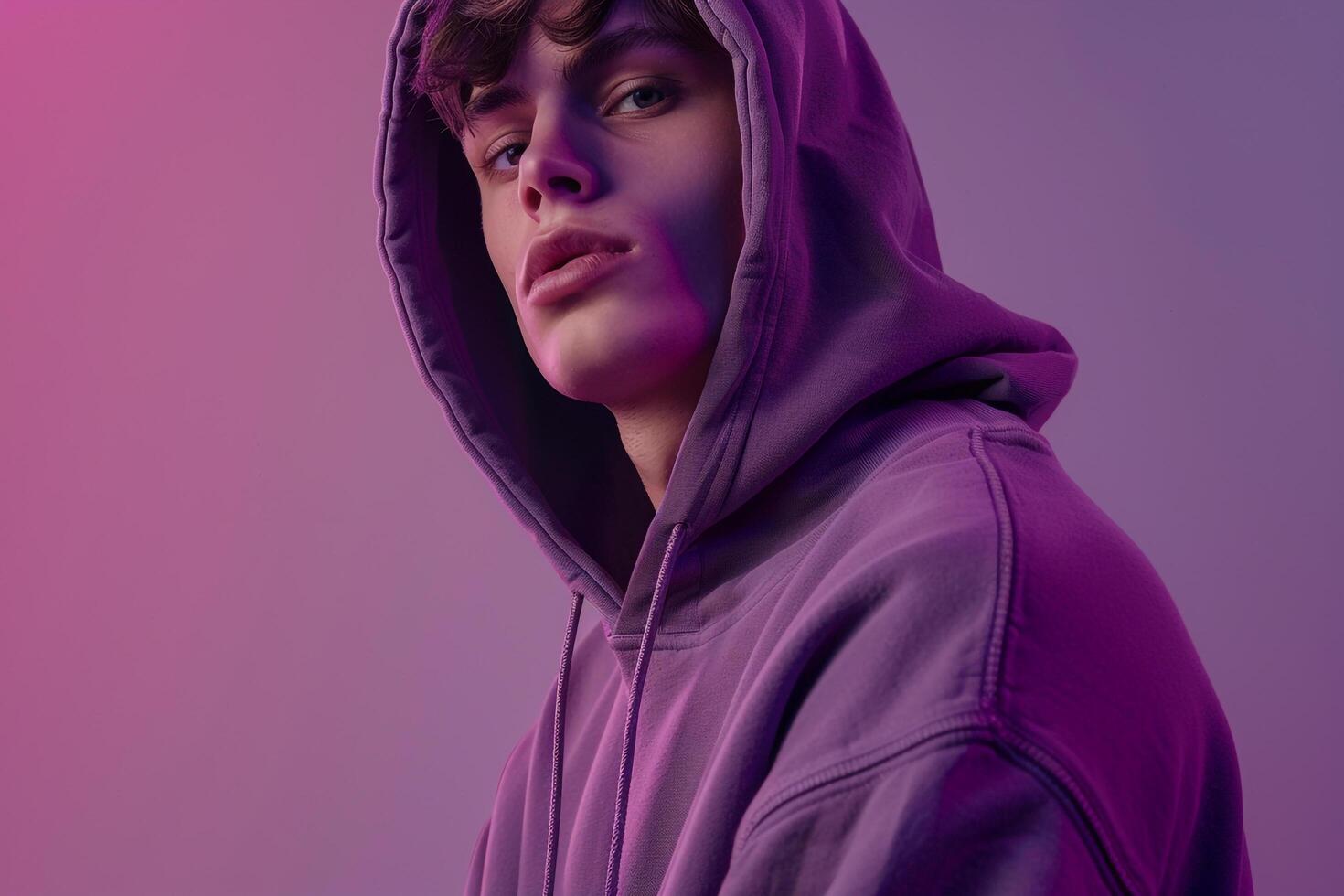 Casual Hoodie Clad Male with Lavender Background emphasizing Contemporary Fashion Trends in a Lifestyle portrait photo