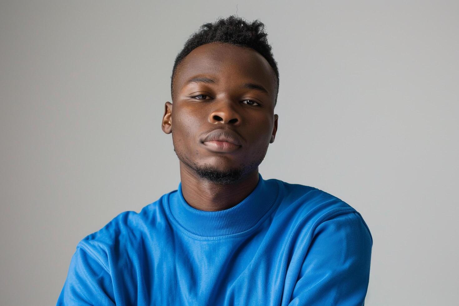 Bright Blue Crewneck Clad Male with pale Gray Background Focusing on Style in a Trendy Lifestyle portrait photo