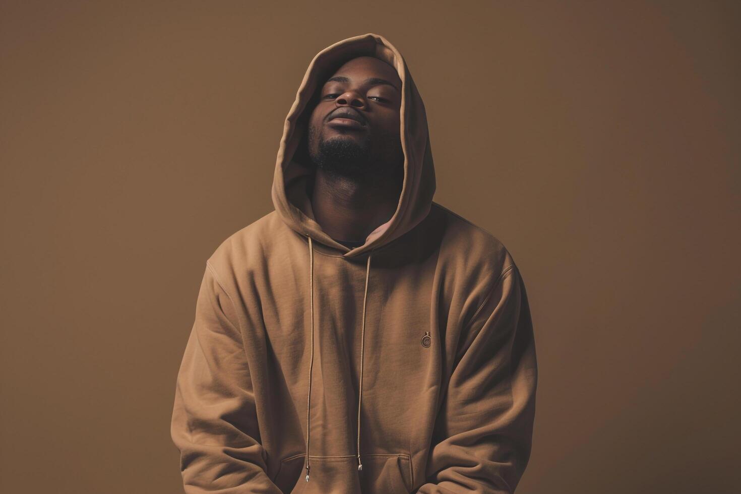 Casual Hoodie Clad Male with Costume Taupe Background Highlighting Contemporary Style in a Comfortable Lifestyle portrait photo