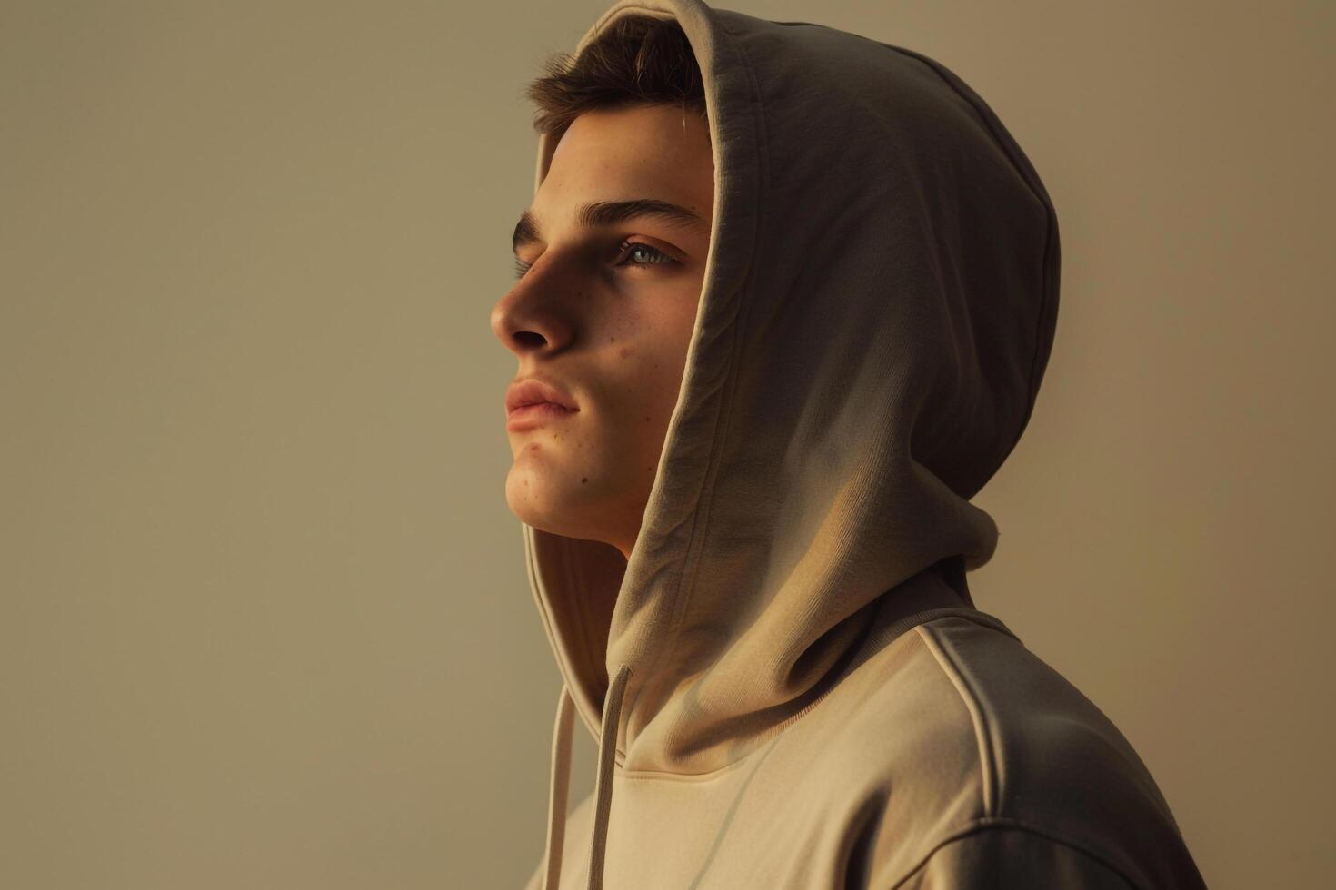Male in a Hoodie with Light Beige Background  Lifestyle portrait Focusing on Understated Fashion photo