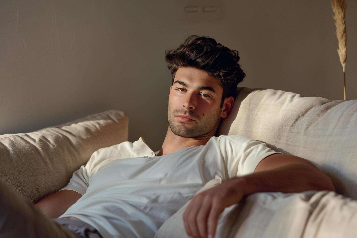Beige Background Featuring Male in Henley Shirt  Lifestyle portrait Focusing on Classic Appeal photo