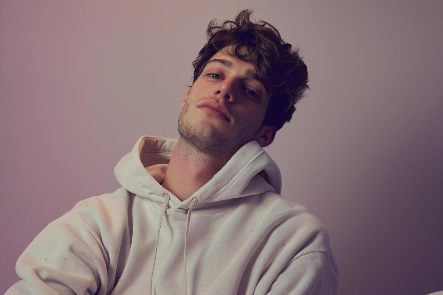 Soft Lavender Background and Male in Hoodie  Lifestyle portrait Showcasing Calming Style photo