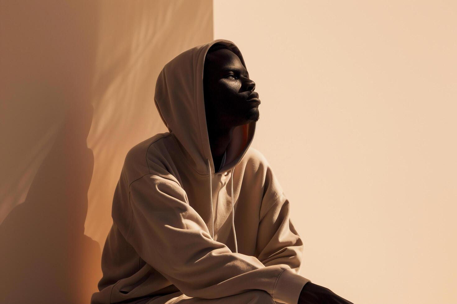 Light Beige Background with Hoodie Clad Male  Lifestyle portrait Showcasing Simple Style photo