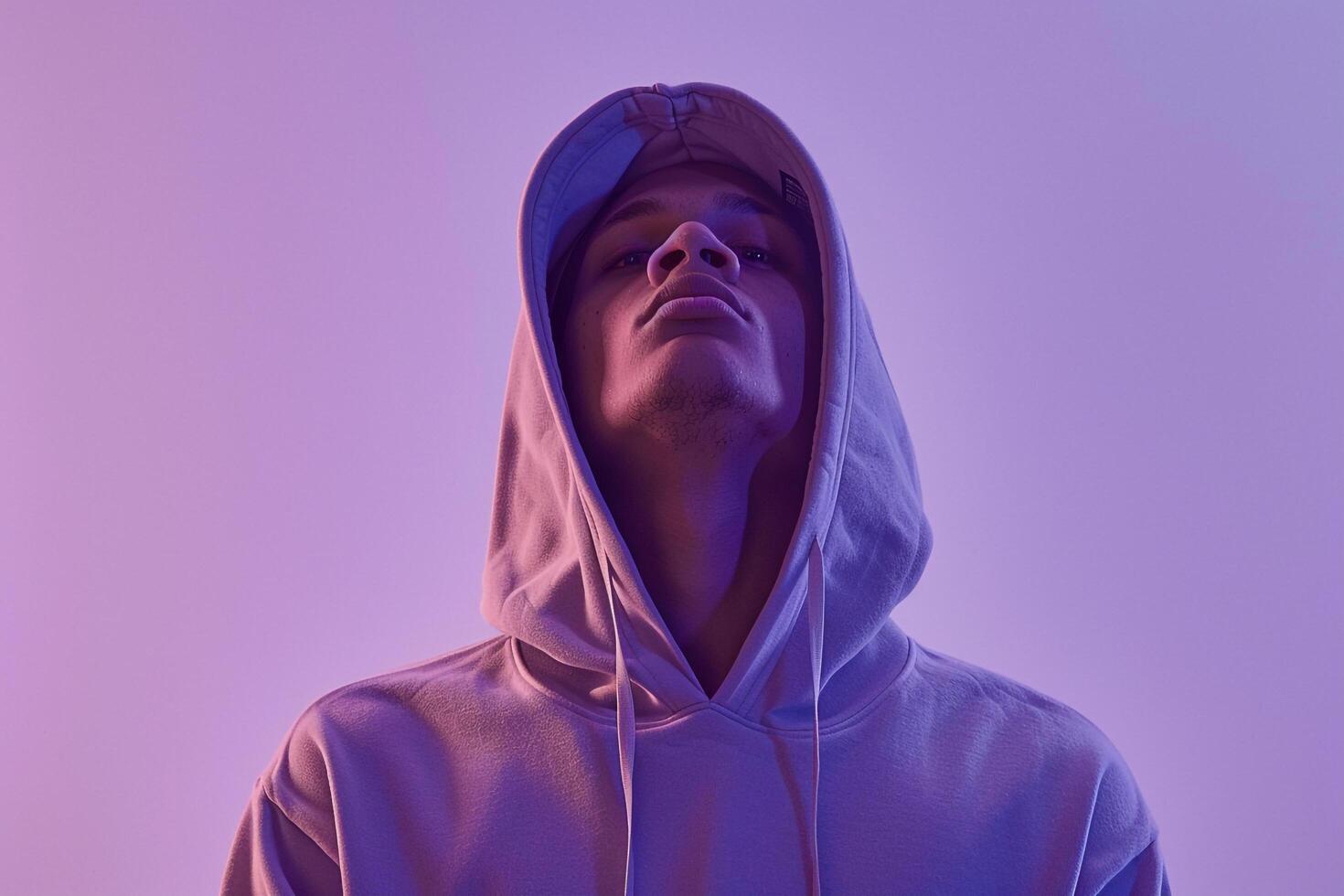 Hoodie Clad Male with Soft Lavender Background  Lifestyle portrait Highlighting Soft Tones photo