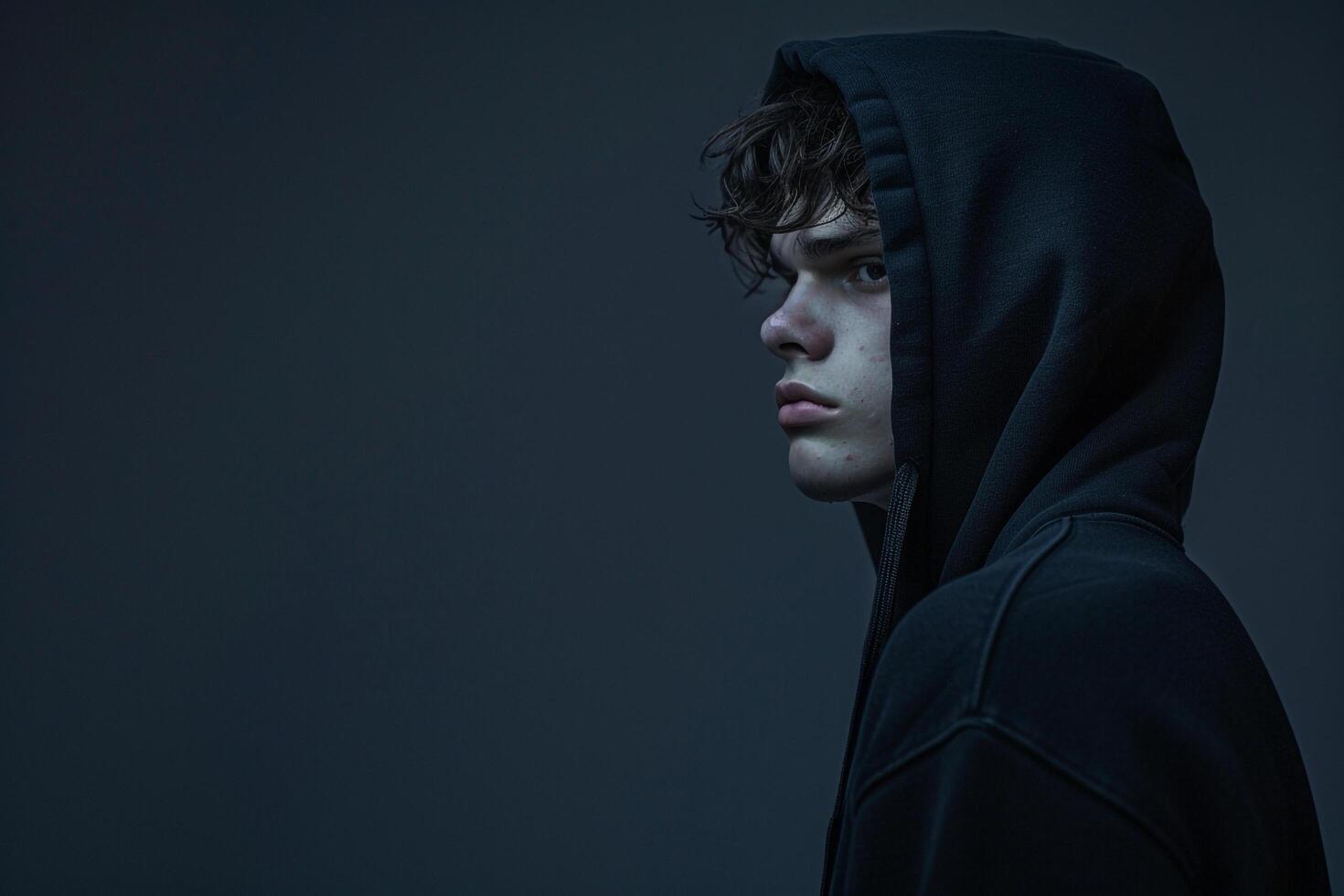Male in Hoodie with Charcoal Black Background Lifestyle portrait Showcasing Costume Style photo