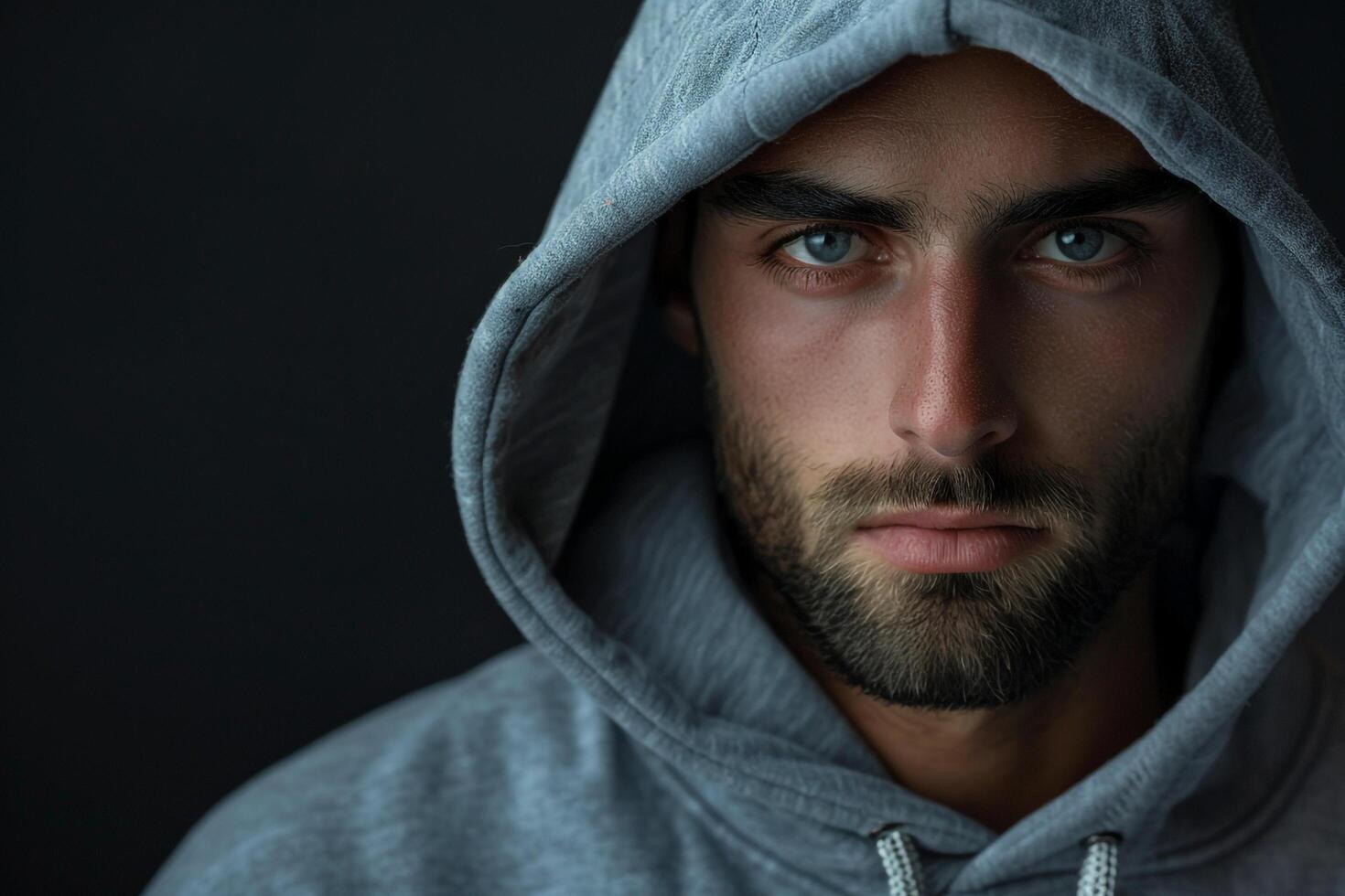 Charcoal Black Background Featuring Male in Hoodie  Lifestyle portrait Highlighting Design photo
