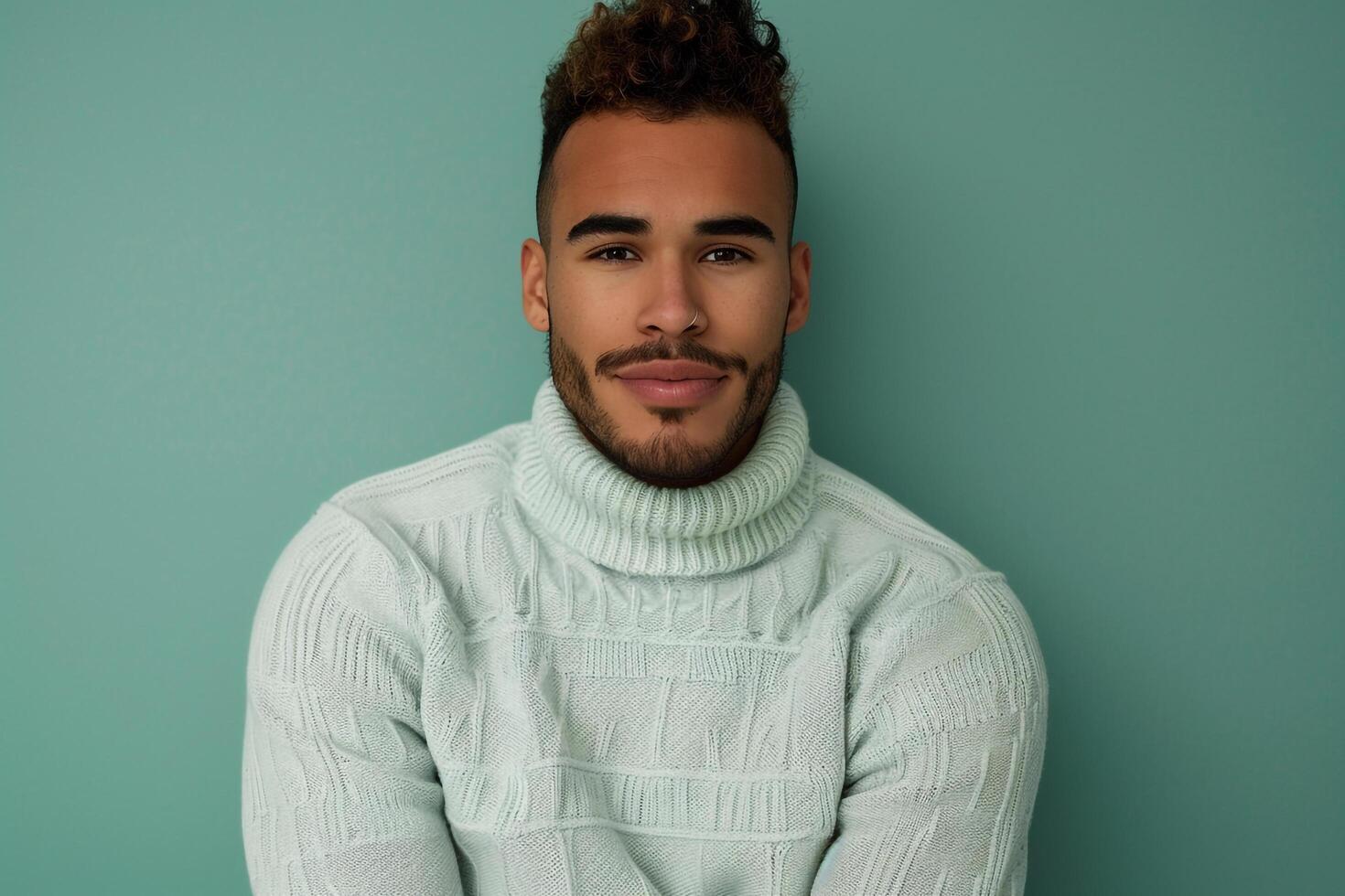 Light Green Background with Male in pullover  Lifestyle portrait Highlighting Style photo